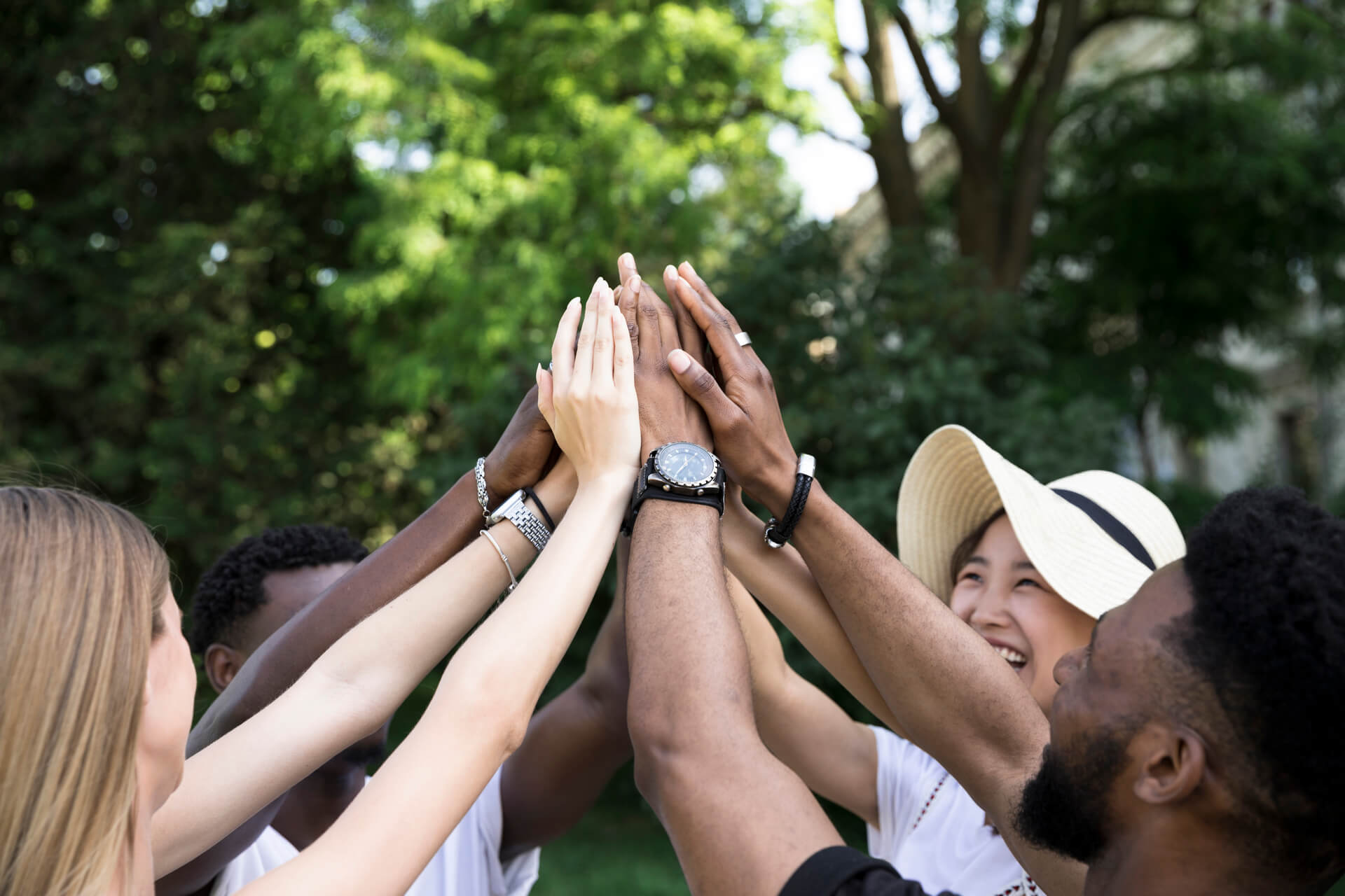 Front view of a diverse group of friends cheering together